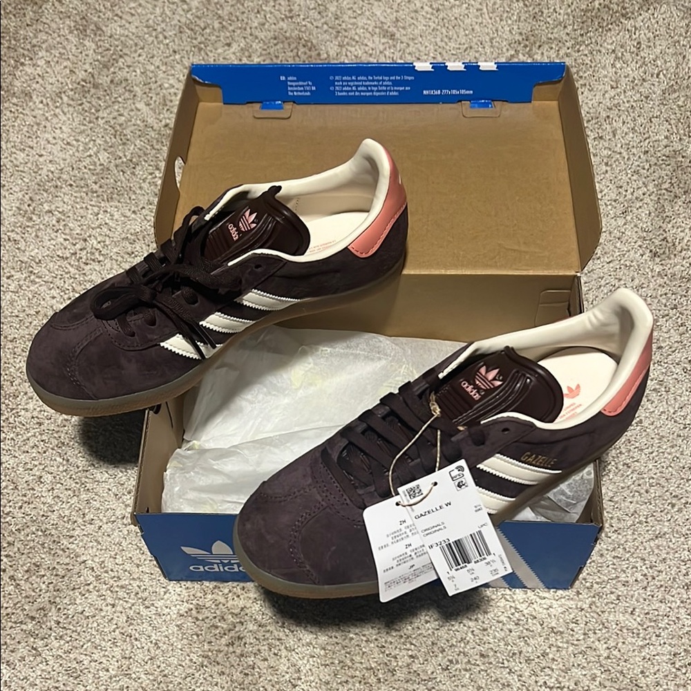 Adidas Brown and Pink Athletic Shoes with Signature Stripes